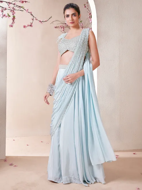 Ice-blue satin lehenga choli