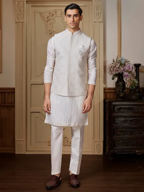 Impressive ivory silk waistcoat set with sequins embellishment