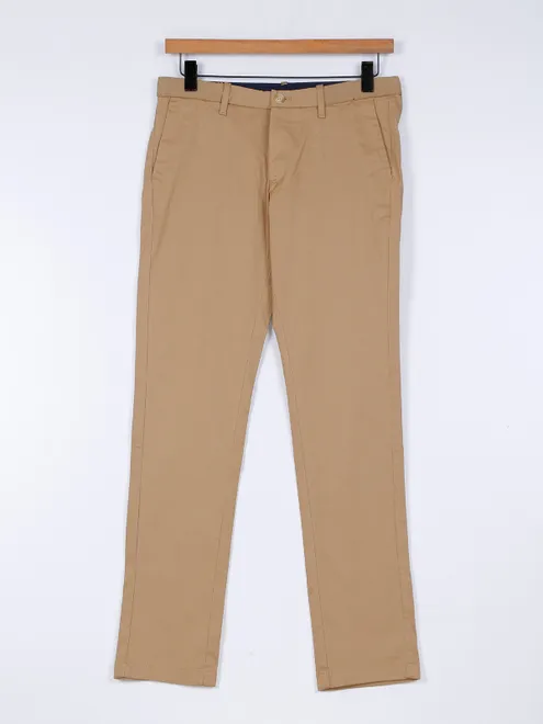 Indian Terrain khaki solid cotton casual trouser