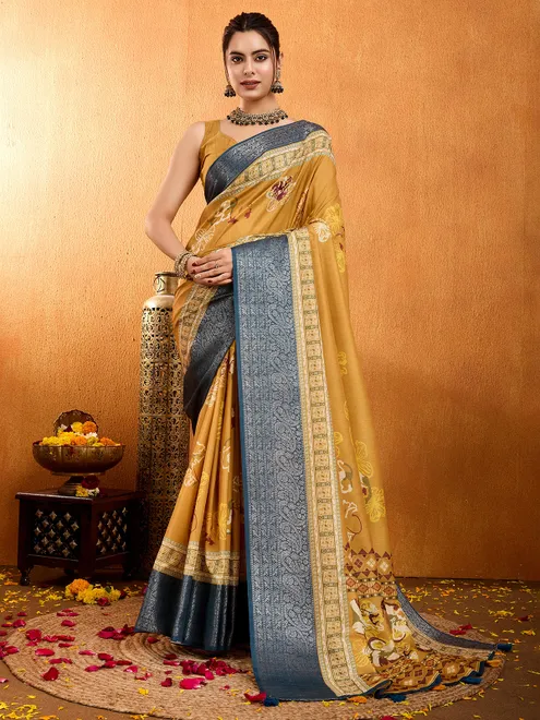 Indian yellow crepe silk digital printed saree