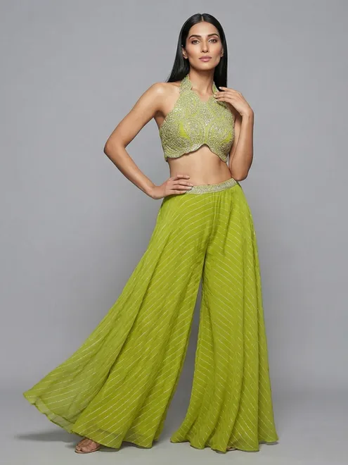 Indowestern style green georgette palazzo suit