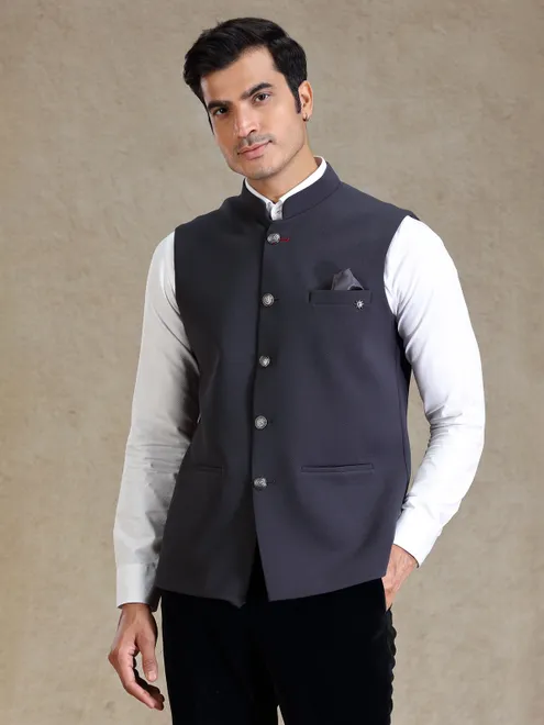 Ink grey textured jute fabric nehru jacket for men