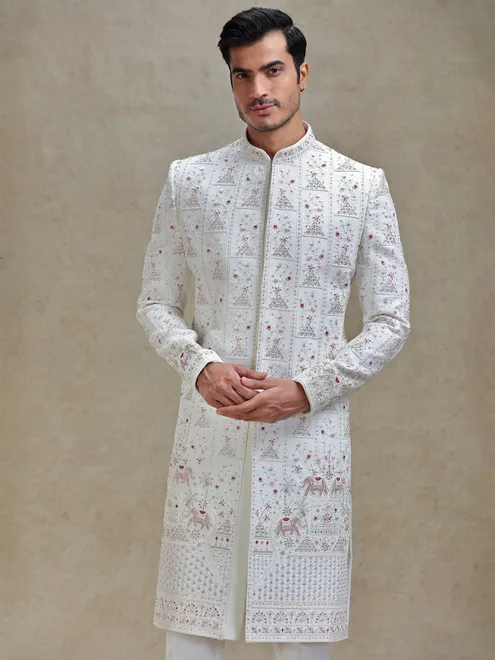 Ivory cream ethnic charm sherwani for mens