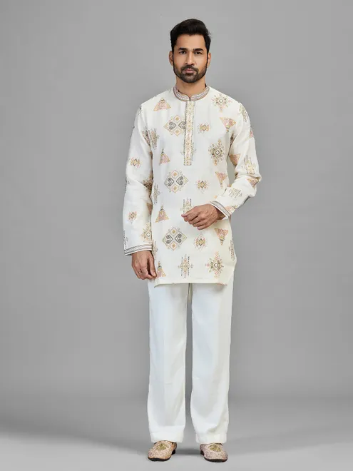 Ivory linen cotton embroidered festive kurta set