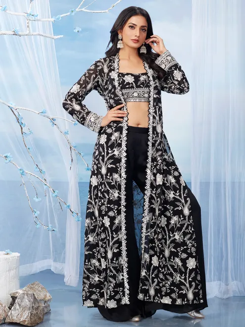 Jacket style black palazzo salwar suit