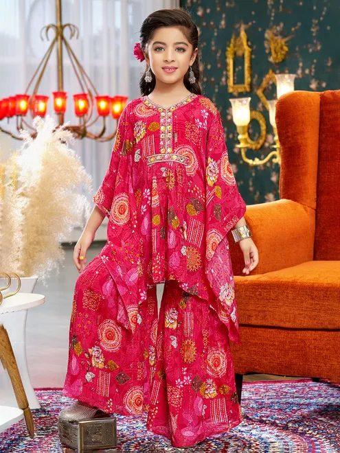 Kaftan style pink silk sharara salwar suit