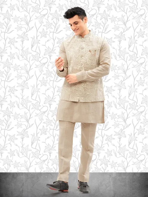 Khakhi cotton embroidery waistcoat set for men