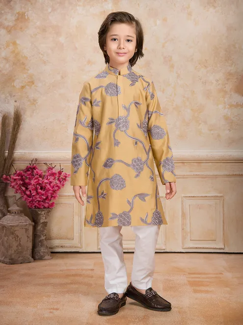 Khakhi floral printed cotton silk kurta suit