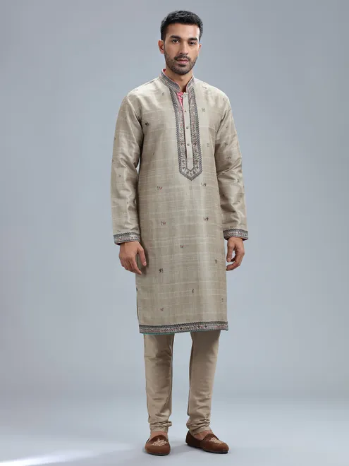 Khakhi printed cotton silk kurta pajama for men