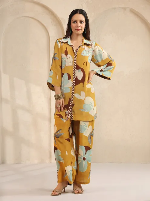 Khakhi silk printed co ord set with sequins and beads works