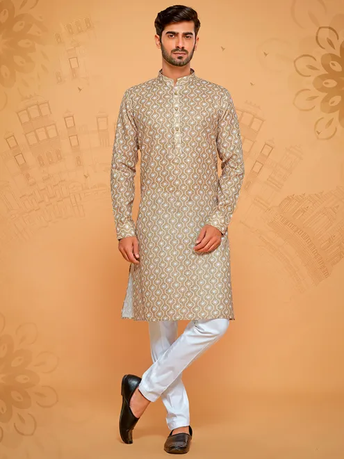 Khaki colour ethnic style printed kurta suit for men