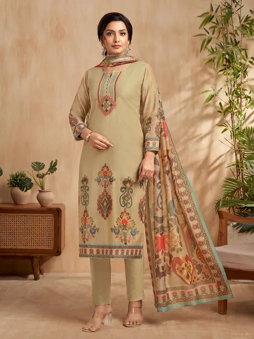Khaki cotton silk salwar suit with printed dupatta