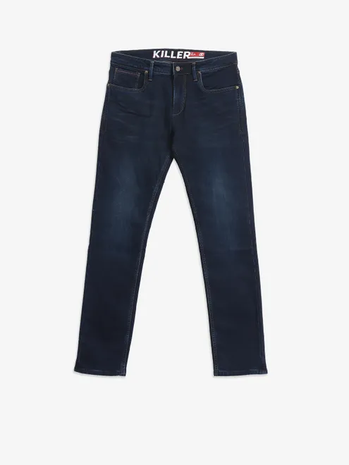KILLER washed dark blue denim slim fit jeans