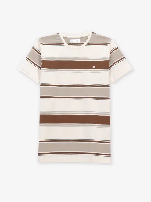KUCH KUCH cream and brown slim fit cotton t-shirt with stripe