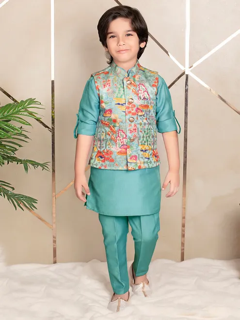 Latest aqua silk waistcoat set for boys