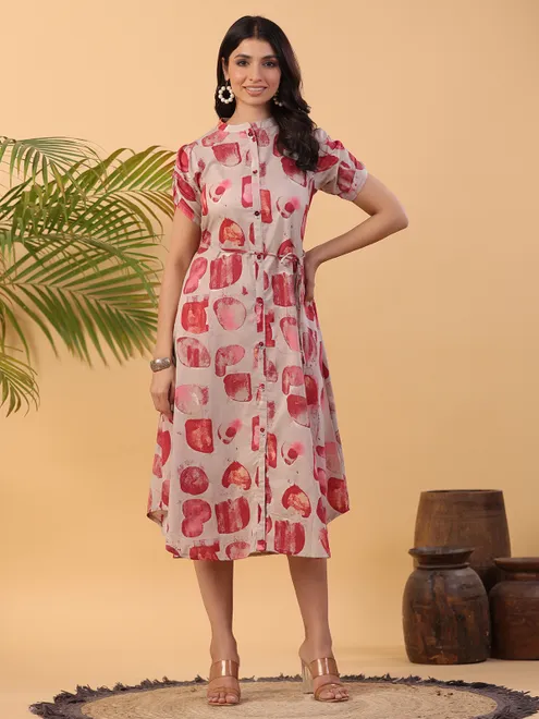 Latest beige and red printed cotton kurti