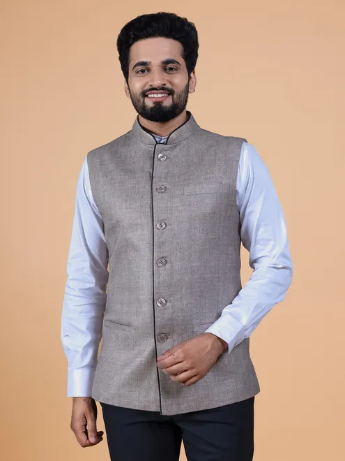 Beige Silk plain Nehru Jacket for men
