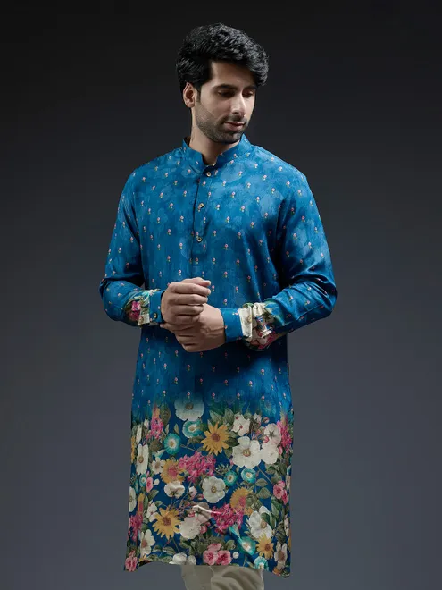 Latest blue flower floral printed kurta suit in silk