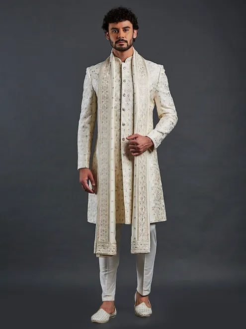 Latest cream raw silk sherwani for men