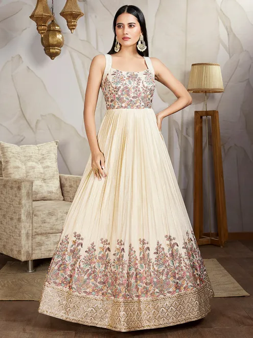 Latest  cream silk anarkali suit for wedding