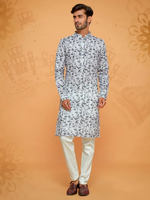 Latest grey cotton printed kurta suit for men