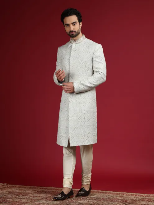 Latest light grey raw silk sherwani