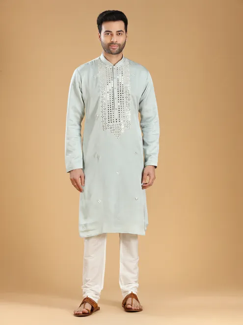 Latest light grey silk  Men Kurta pajama