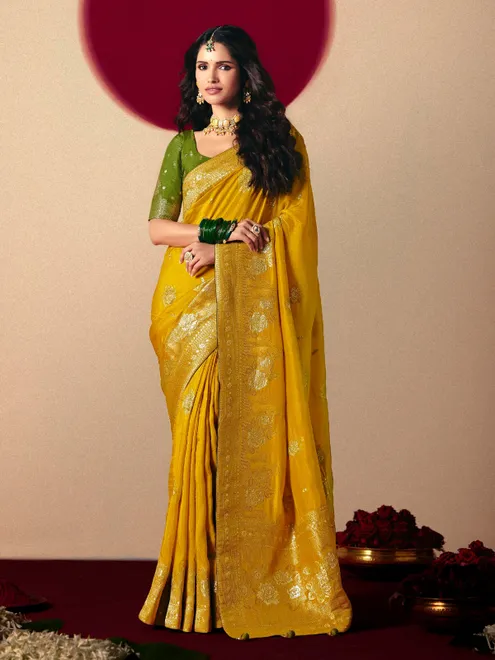 Latest mustard yellow  dola silk saree for wedding