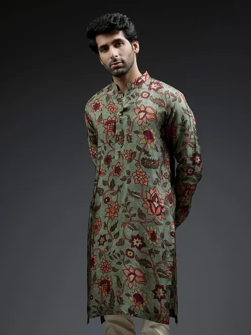 Latest olive flower printed silk kurta suit