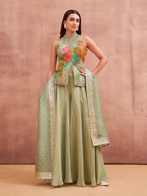 Latest pista green silk palazzo salwar suit for wedding