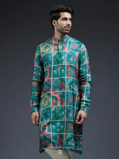 Latest rama green silk ethnic printed kurta suit