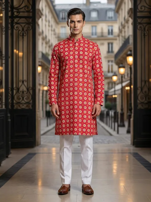 Latest red printed cotton kurta suit