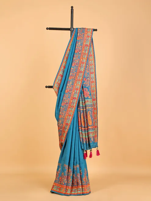 Latest teal blue pashmina silk wedding saree