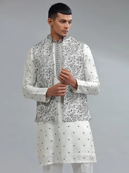 Latest white silk embroidery waistcoat set
