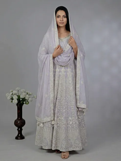 Lavendar georgette anarkali with thread detailing
