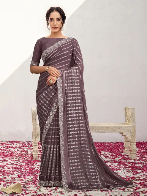 Lavender georgette saree with sequins and zari detailing