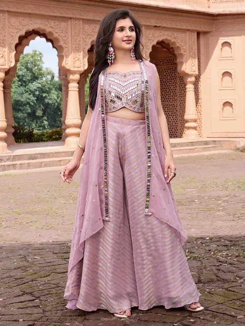 Lavender jacket style georgette palazzo suit