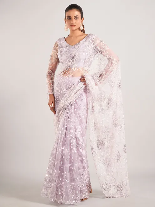 Lavender net saree for reception