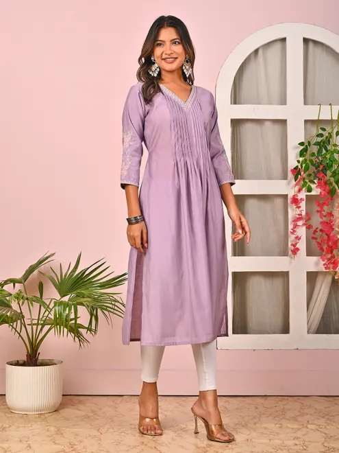 Lavender purple embroidered cotton silk kurti