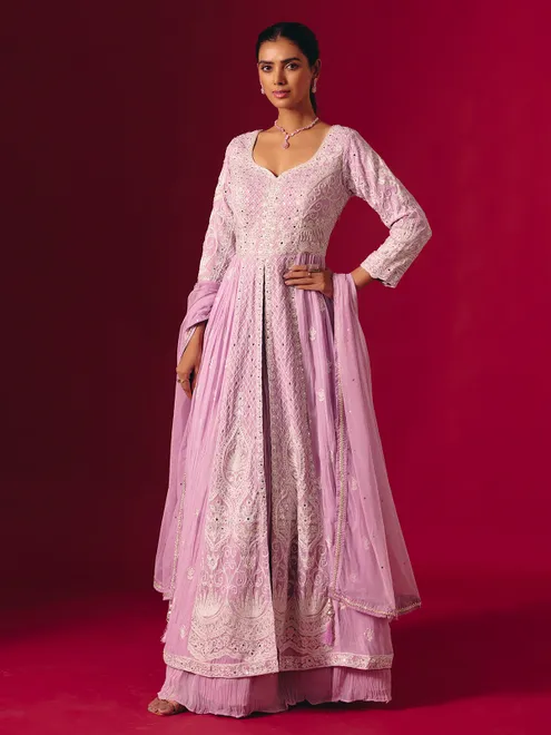 Lavender purple georgette mirror work festive suit