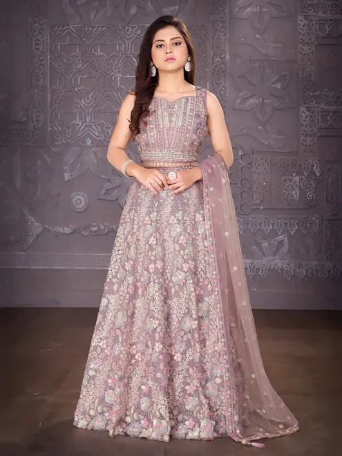 Lavender purple net lehenga choli with mirror detailing