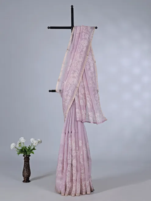 Lavender purple semi organza saree with embroidery accents