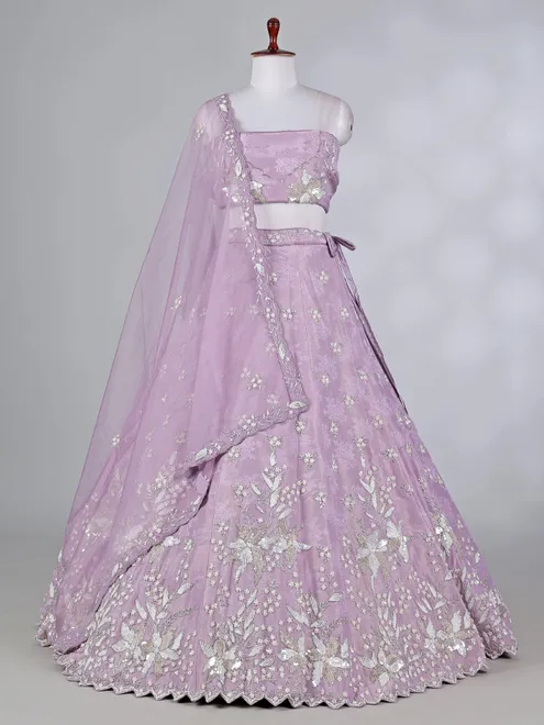 Lavender purple silk lehenga choli with zari detailing
