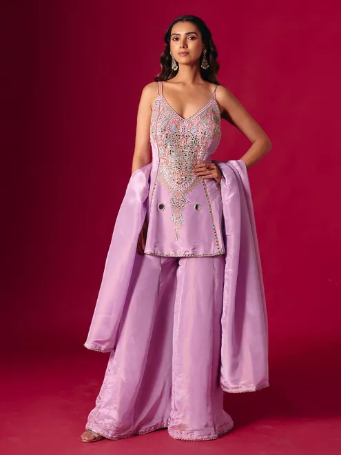 Lavender purple silk mirror work palazzo suit