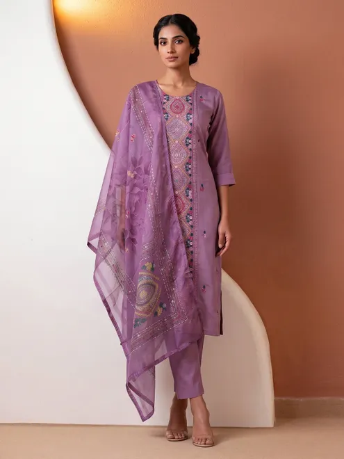 Lavender purple silk sequined festive kurti set