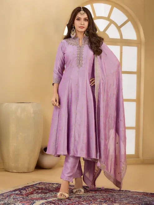 Lavender purple silk stand collar salwar suit