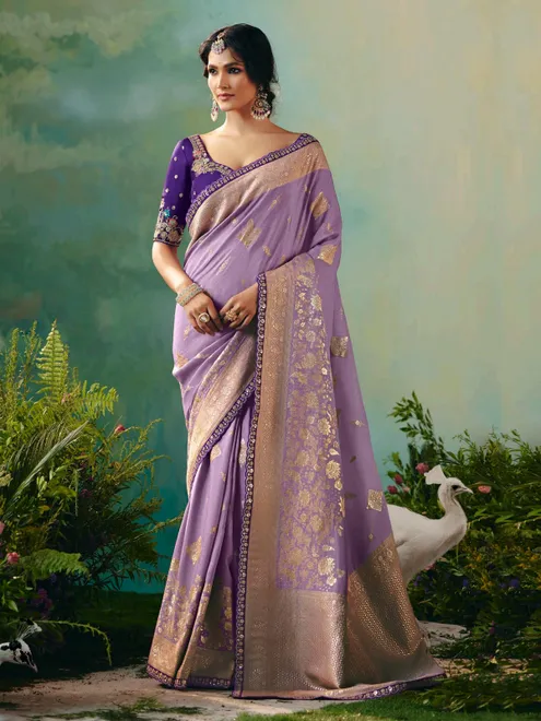 Lavender purple viscose dola silk saree with zari work