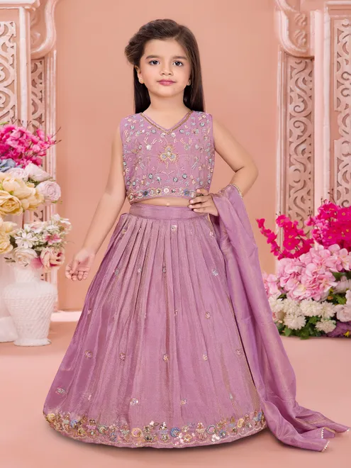 Lavender silk embroidered sleeveless lehenga choli with dupatta