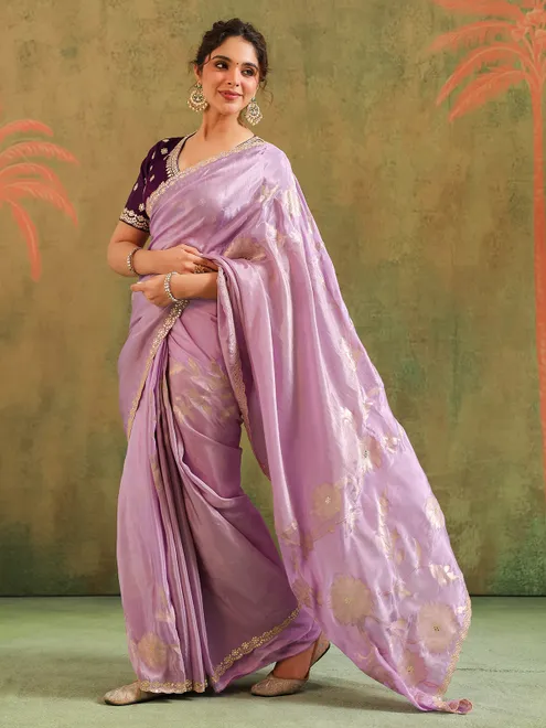 Lavender silk festive wear saree with zari work