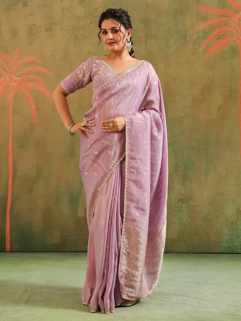 Lavender silk zari worked saree for festive wear